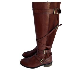 Miz Mooz Kira Tall Riding Boots Womens 7 Cognac Brown Stretch Panels Buckles GUC